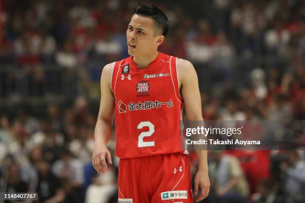 Yuki Togashi of Chiba Jets reacts during the B.League final between Chiba Jets and Alvark Tokyo at Yokohama Arena on May 11, 2019 in Yokohama,...