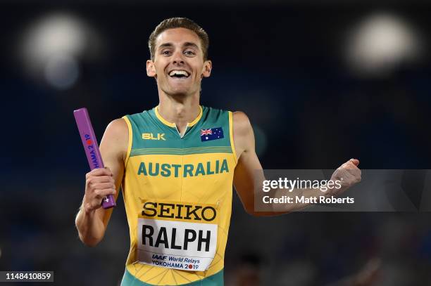 Joshua Ralph of Australia celebrates during thr Mixed 2x2x400m Relay Final on day one of the IAAF World Relays at Nissan Stadium on May 11, 2019 in...