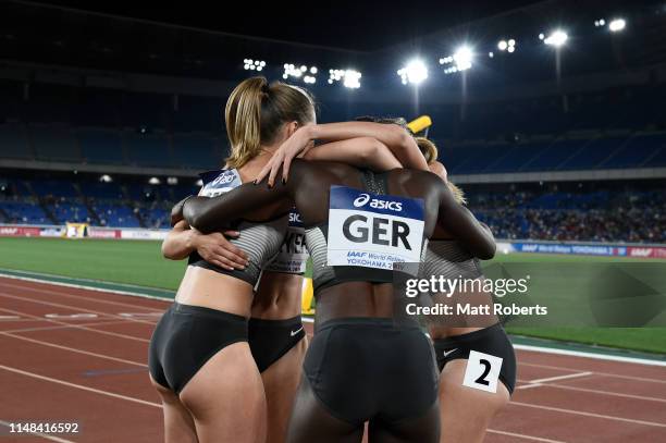 Gina Luckenkemper, Lisa Mayer, Rebekka Haase and Lisa Marie Kwayie of Germany celebrate during round 1 of the Women's 4x100m Relay on day one of the...