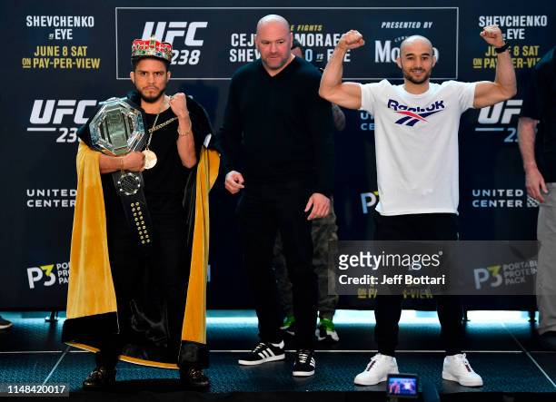 Henry Cejudo and Marlon Moraes of Brazil pose for the media during the UFC 238 Ultimate Media Day at the United Center on June 6, 2019 in Chicago,...