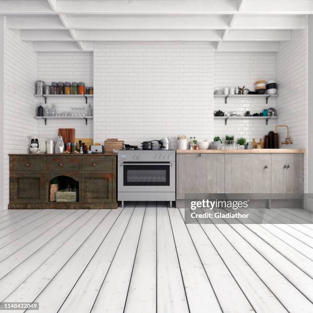 empty classic kitchen - kitchen front view stock pictures, royalty-free photos & images