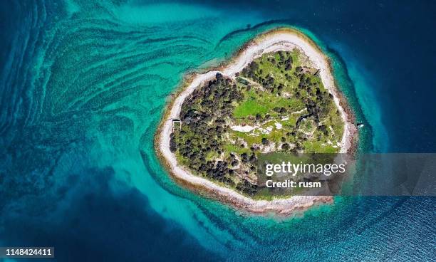 top aerial view of desert island, brijuni park, croatia - arquipélago imagens e fotografias de stock