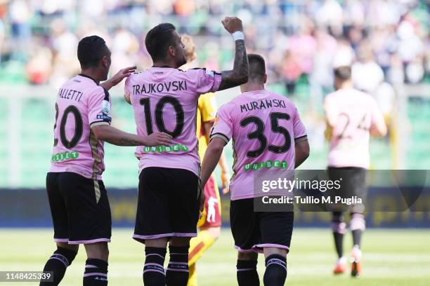 Aleksandar Trajkovski of Palermo celebrates after scoring his team's second goal during the Serie B match between US Citta di Palermo and AS...