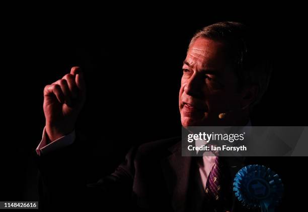 Brexit Party leader Nigel Farage delivers a speech during a campaign at Rainton Meadows Arena on May 11, 2019 in Houghton Le Spring, United Kingdom....