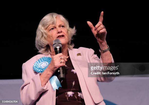 Brexit Party member Ann Widdecombe delivers a speech during a Brexit Party campaign at Rainton Meadows Arena on May 11, 2019 in Houghton Le Spring,...