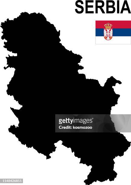 black basic map of serbia with flag against white background - serbia map stock illustrations