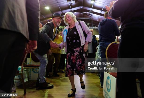 Brexit Party member Ann Widdecombe receives a standing ovation as she heads to the stage to deliver her speech during a Brexit Party campaign at...