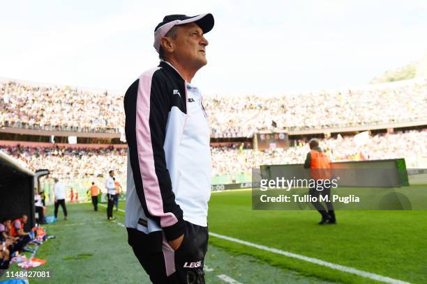 Head coach Delio Rossi of Palermo, looks on during the Serie B match between US Citta di Palermo and AS Cittadella at Stadio Renzo Barbera on May 11,...