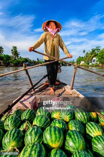 femme vietnamienne vendant des fruits sur le marché flottant, delta du fleuve mékong, vietnam - marché flottant photos et images de collection