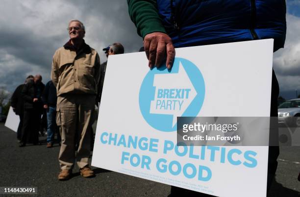 Supporters wait to enter ahead of a Brexit Party campaign event at Rainton Meadows Arena on May 11, 2019 in Houghton Le Spring, United Kingdom. The...