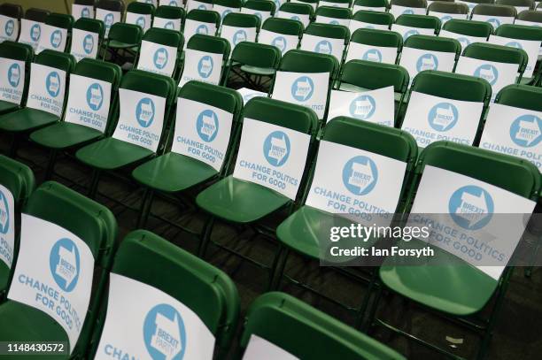 Placards are placed on seats ahead of a Brexit Party campaign event at Rainton Meadows Arena on May 11, 2019 in Houghton Le Spring, United Kingdom....