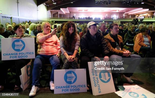 Supporters react during speeches at a Brexit Party campaign event at Rainton Meadows Arena on May 11, 2019 in Houghton Le Spring, United Kingdom. The...