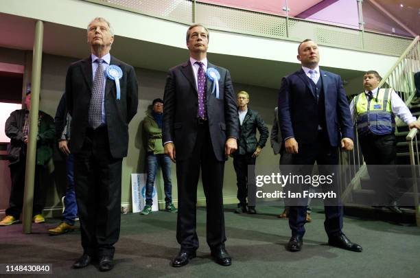 Brexit Party leader Nigel Farage waits to deliver his speech during a Brexit Party campaign event at Rainton Meadows Arena on May 11, 2019 in...