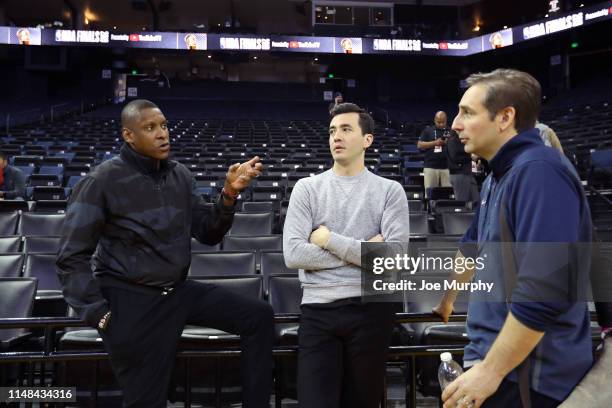 President of Basketball Operations Masai Ujiri and General Manager Bobby Webster of the Toronto Raptors speak to ESPN writer Zach Lowe during...