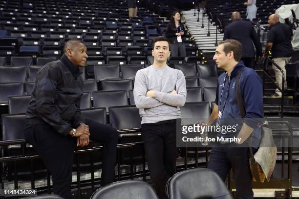 President of Basketball Operations Masai Ujiri and General Manager Bobby Webster of the Toronto Raptors speak to ESPN writer Zach Lowe during...