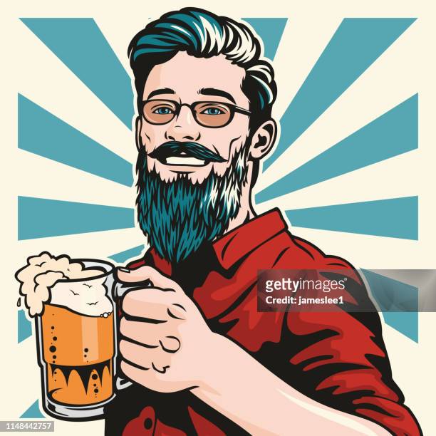 ilustraciones, imágenes clip art, dibujos animados e iconos de stock de hipster con cerveza - con barba y gafas