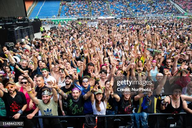 The crowd of the italian rock singer and song-writer Vasco Rossi performing live sold out at Stadio Giuseppe Meazza San Siro in Milan, Italy, on 6...