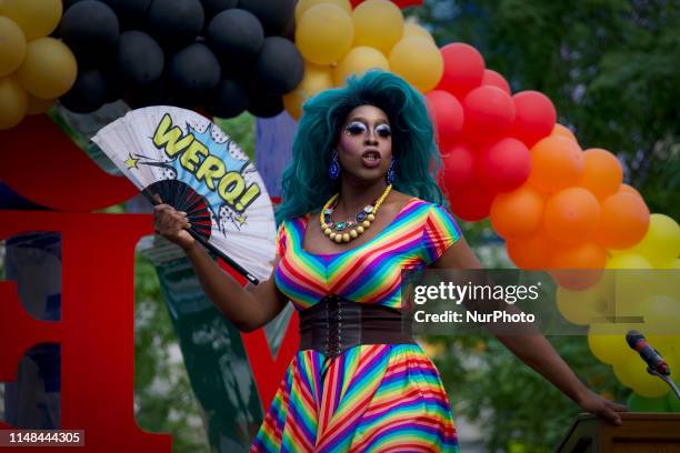 Drag Queen Vincent Leggett warms up the crowd at the first annual Pride In The Park kick-off party, hosted by Mayors Office of LGBTQ Affairs, at LOVE...