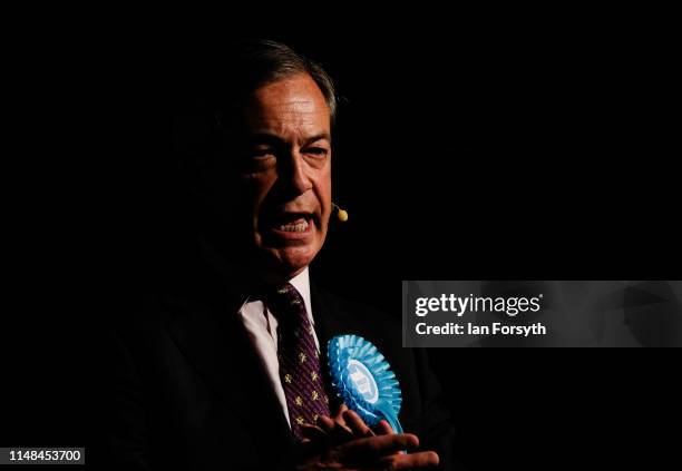 Brexit Party leader Nigel Farage delivers his speech during a Brexit Party campaign event at Rainton Meadows Arena in Houghton Le Spring on May 11,...