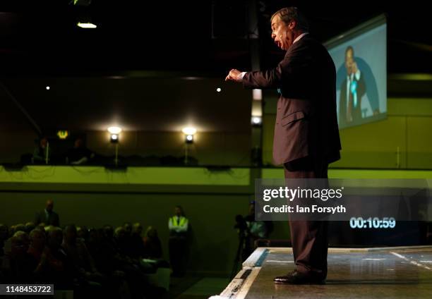 Brexit Party leader Nigel Farage delivers his speech during a Brexit Party campaign event at Rainton Meadows Arena in Houghton Le Spring on May 11,...