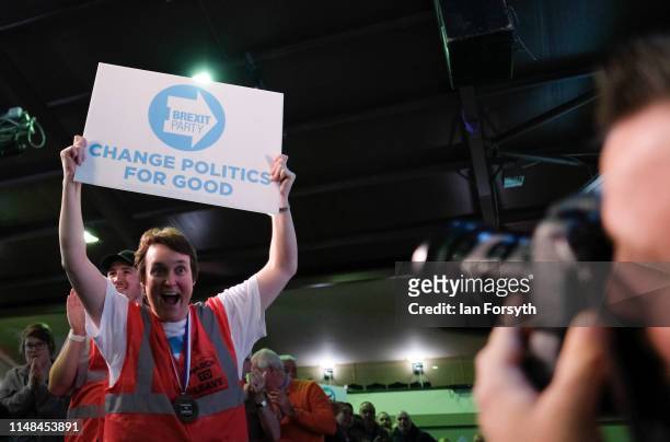 Brexit Party supporter reacts to a photograapher during a Brexit Party event at Rainton Meadows Arena in Houghton Le Spring on May 11, 2019 in...
