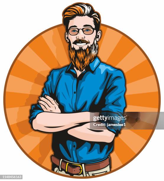 hipster-mann mit gefalteten waffen - rotes haar stock-grafiken, -clipart, -cartoons und -symbole