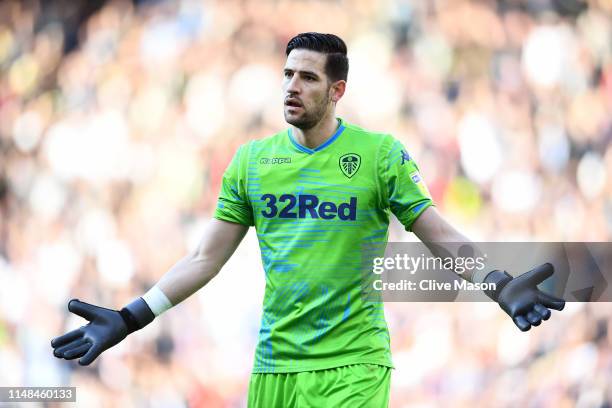 Kiko Casilla of Leeds United reacts during the Sky Bet Championship Play-off semi final first leg match between Derby County and Leeds United at...