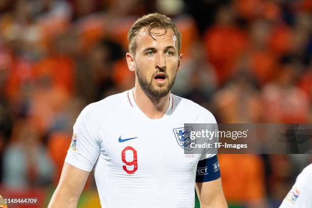 Harry Kane of England looks on during the UEFA Nations League Semi-Final match between the Netherlands and England at Estadio D. Afonso Henriques on...