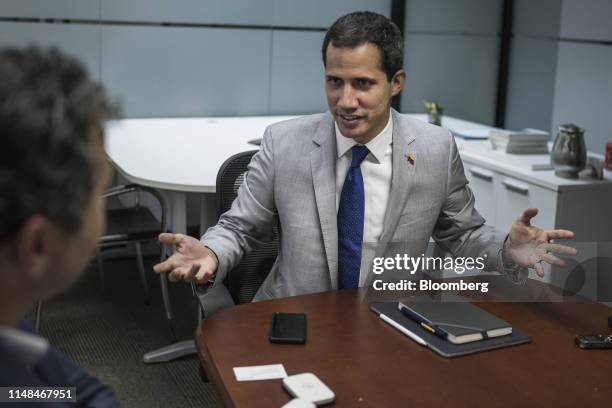 Juan Guaido, president of the National Assembly who swore himself in as the leader of Venezuela, speaks during an interview in Caracas, Venezuela, on...