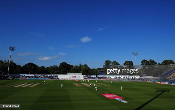 General view of the ground during day two of the 1st npower test match between England and Sri Lanka at the Swalec Stadium on May 27, 2011 in...