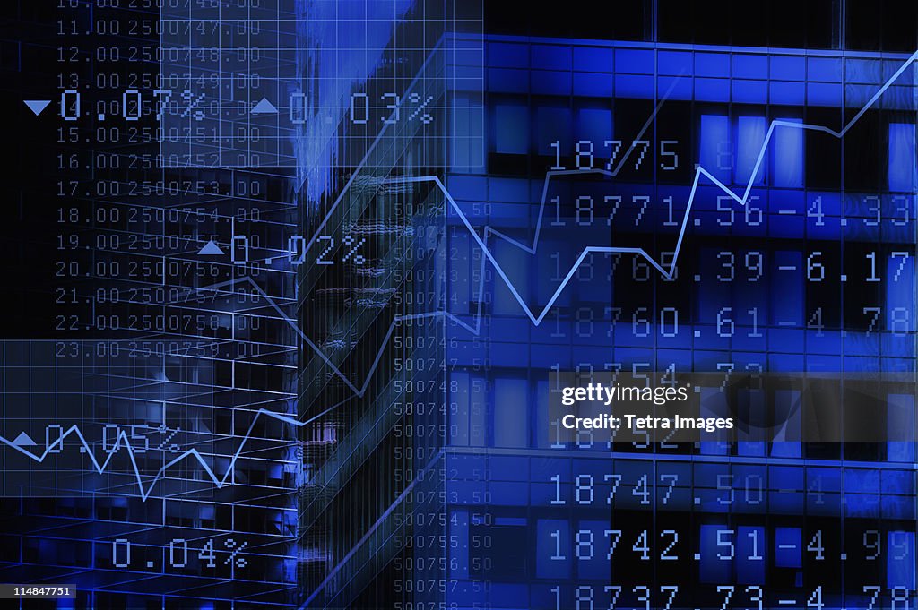 USA, New York, New York City, stock quotes reflecting on window