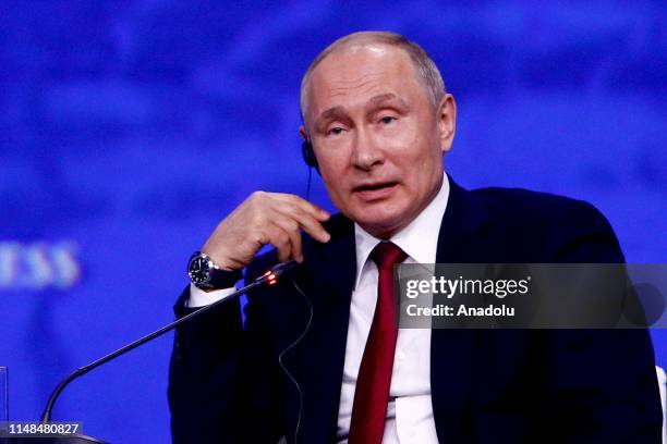 Russian President Vladimir Putin makes a speech at the 2019 Saint Petersburg International Economic Forum at the Congress Hall of Congress Centre in...