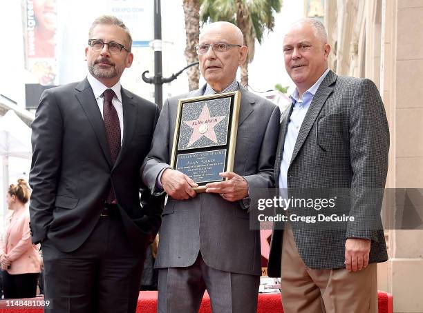 Steve Carell, Alan Arkin, and Matthew Arkin pose as Alan is honored with a Star On The Hollywood Walk Of Fame on June 7, 2019 in Hollywood,...