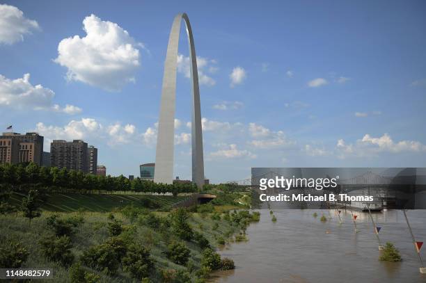 Floodwaters from a swollen Mississippi River take over the Gateway Arch grounds on June 7, 2019 in St Louis, Missouri. Places along Mississippi river...