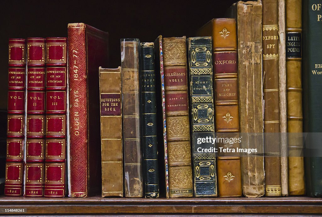 United Kingdom, Bristol, close up of antique books on shelf