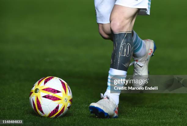 Detail of Lionel Messi tattoos before a friendly match between Argentina and Nicaragua at Estadio San Juan del Bicentenario on May 7, 2019 in San...