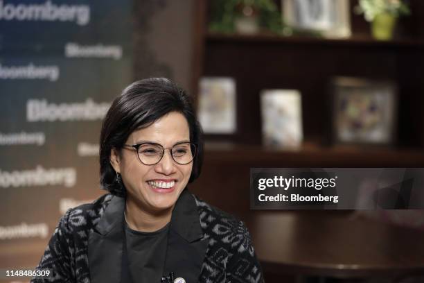 Mulyani Indrawati, Indonesia's finance minister, reacts during a Bloomberg Television interview on the sidelines of the Group of 20 finance ministers...