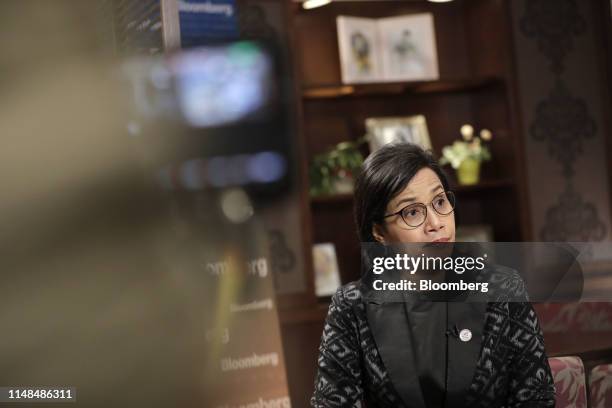 Mulyani Indrawati, Indonesia's finance minister, listens during a Bloomberg Television interview on the sidelines of the Group of 20 finance...