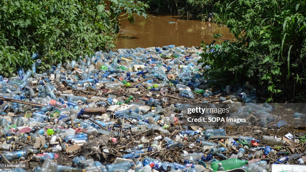 A view of clogged plastic bottles at Njoro River in Nakuru.