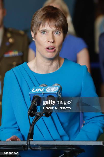 Kersti Kaljulaid, President of Estonia, addresses press following her country's election to the Security Council today at the UN Headquarters in New...