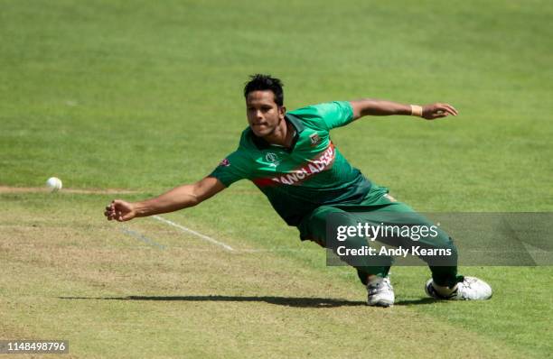Mohammad Saifuddin of Bangladesh attempts a caught and bowled during the Group Stage match of the ICC Cricket World Cup 2019 between England and...