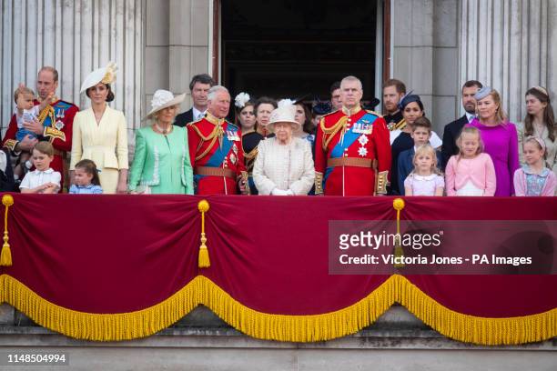Queen Elizabeth II is joined by members of the royal family on the balcony of Buckingham Place to acknowledge the crowd after the Trooping the Colour...