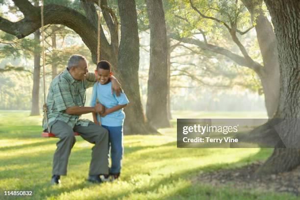 grandfather and grandson sitting on swing - 60 64 years stock pictures, royalty-free photos & images