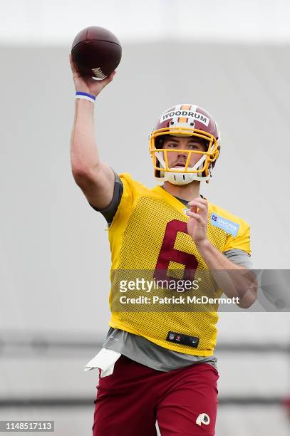Josh Woodrum of the Washington Redskins throws a pass during Washington Redskins rookie camp on May 11, 2019 in Ashburn, Virginia.