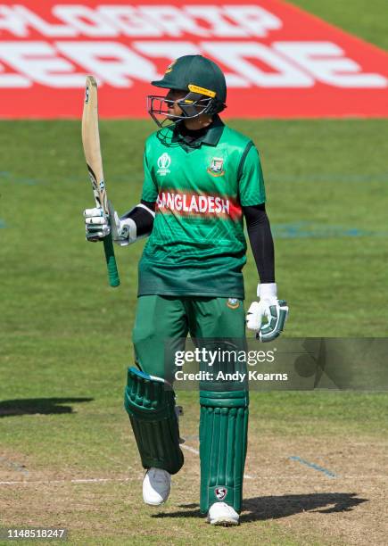 Shakib Al Hasan of Bangladesh acknowledges the applause on reaching his half-century during the Group Stage match of the ICC Cricket World Cup 2019...