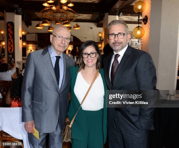 Alan Arkin, Marlis Pujol and Steve Carell pose as Alan Arkin is Honored With A Star On The Hollywood Walk Of Fame on June 7, 2019 in Hollywood,...