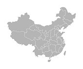 Vector isolated illustration of simplified administrative map of China. Borders of the provinces (regions). Grey silhouettes. White outline