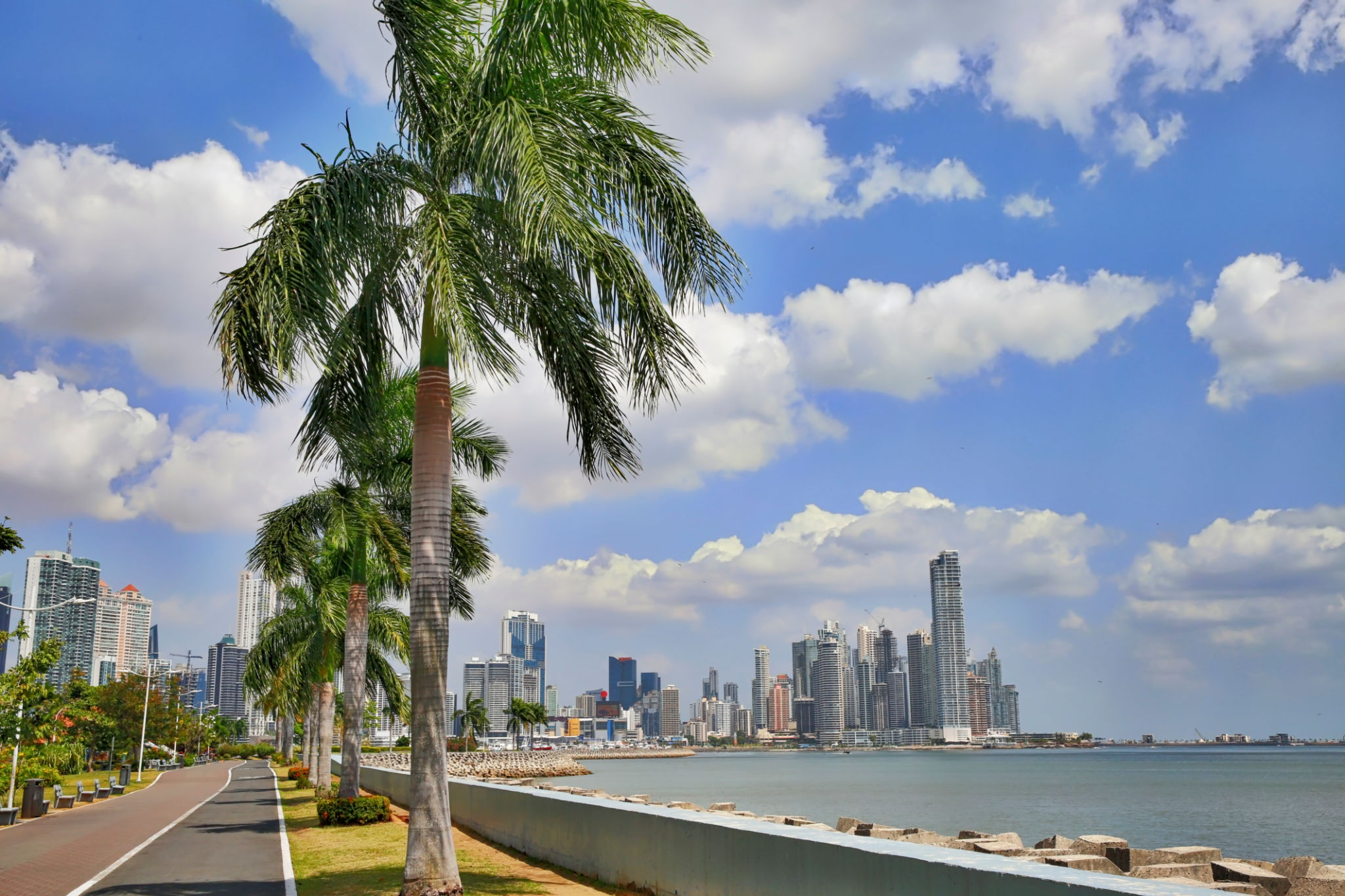 Walking path along Avenida Balboa in Panama City, Panama Walking path along Avenida Balboa in Panama City, Panama