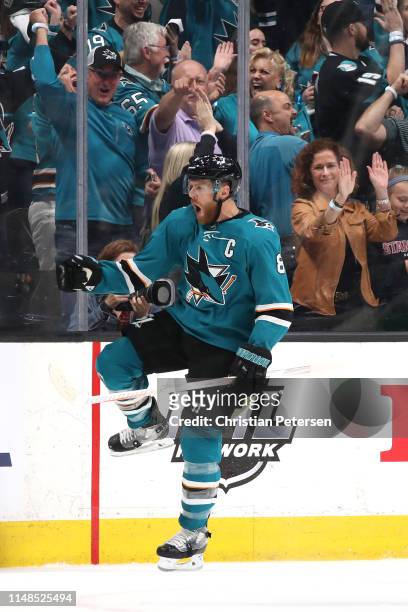 Joe Pavelski of the San Jose Sharks celebrates after scoring a goal on Jordan Binnington of the St. Louis Blues during the first period in Game One...