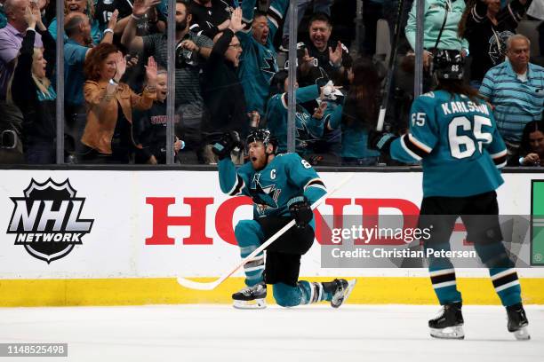 Joe Pavelski of the San Jose Sharks celebrates after scoring a goal on Jordan Binnington of the St. Louis Blues during the first period in Game One...